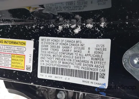 2025 Honda Civic Sport из США, поврежденный, VIN 2HGFE2F56SH569879